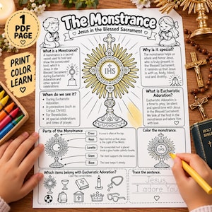 Könnte beinhalten: Eine schwarz-weiße pädagogische Malvorlage mit dem Titel The Monstrance Jesus in the Blessed Sacrament. Sie enthält Illustrationen einer Monstranz, betender Kinder sowie Text zur Erklärung der eucharistischen Anbetung, der Teile der Monstranz und eine Nachspurübung.