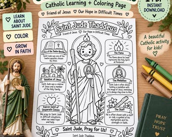 May include: A Saint Jude Thaddeus Catholic learning and coloring page featuring a central illustration of the saint holding a staff and medallion, surrounded by informational boxes about his life, faith, and symbols, with text in English.