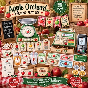 May include: An Apple Orchard pretend play set featuring a green scale, a wooden cash register, a payment terminal, play money, apple-themed price tags, a menu, and stickers. The set includes various paper cutouts of apples, drinks, and signs.