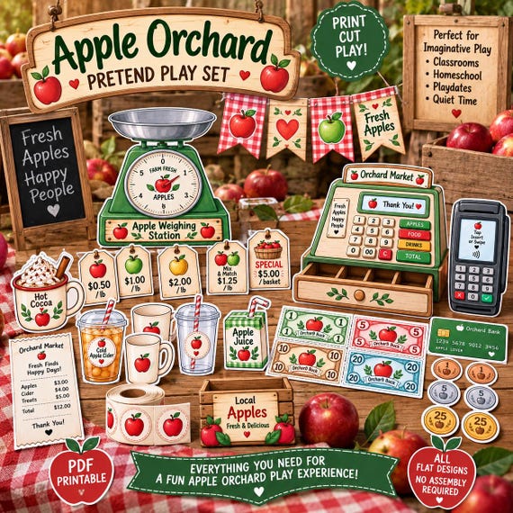 Apple Orchard Pretend Play Set Printable | Apple Picking Dramatic Play | Farm Stand & Apple Cider Shop | Fall Kids Activity