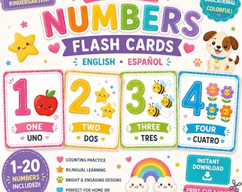 May include: Bilingual numbers flash cards featuring colorful illustrations of numbers one through four with corresponding English and Spanish text. The cards display a red apple, yellow stars, bees, and flowers alongside a puppy and rainbow.