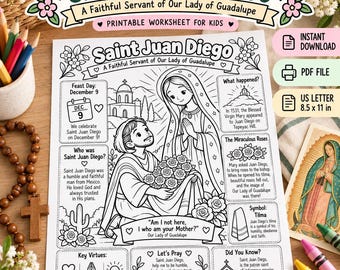 Saint Juan Diego Catholic Worksheet for Kids, Our Lady of Guadalupe Coloring Page, Printable Religious Education Activity PDF