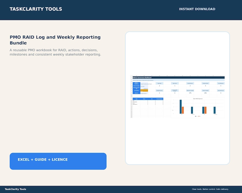 PMO RAID Log & Weekly Status Report Bundle | Project Risk, Action ...