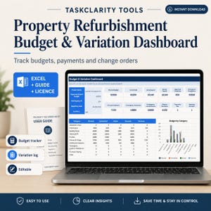 Op de afbeelding: Een digitaal dashboard voor vastgoedrenovatiebudgetten en variaties op een laptopscherm, vergezeld van een gedrukte gebruikershandleiding. Het dashboard bevat tabellen voor het bijhouden van projectkosten en een staafdiagram.