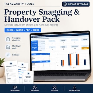 Op de afbeelding: Een digitaal pakket voor vastgoedinspectie en oplevering met een laptop die een dashboard toont met projectgegevens, checklists en opleveringsdocumenten. De tekst bevat TaskClarity Tools, Excel, Word, PDF, Guide en Snagging & Handover Dashboard.