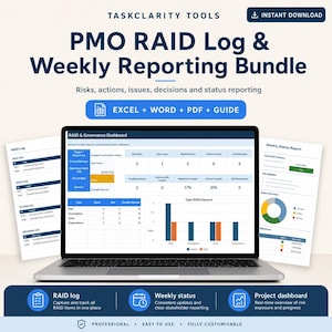 PMO RAID Log & Weekly Status Report Bundle | Project Risk, Action, Decision and Milestone Excel Templates