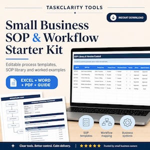 May include: A digital Small Business SOP & Workflow Starter Kit featuring a laptop displaying an SOP Library & Version Control spreadsheet, alongside printed workflow maps and procedure documents. Includes Excel, Word, PDF, and guide files.