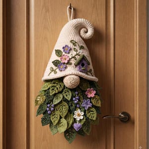 Puede incluir: Un adorno de pared de gnomo tejido a ganchillo en color crema con un sombrero rizado decorado con flores moradas y rosas y una pequeña casita para pájaros morada. El gnomo tiene una nariz redonda y una barba densa de hojas verdes tejidas.