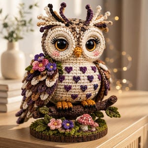 May include: A crocheted owl figurine featuring large black eyes, a cream-colored chest with purple heart patterns, and brown feathered wings. The owl sits on a textured branch base decorated with small pink and purple flowers and two mushrooms.
