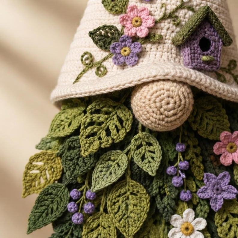Op de afbeelding: Een gehaakte kabouter met een cr&egrave;mekleurige muts versierd met roze en paarse bloemen en een klein paars vogelhuisje. De kabouter heeft een ronde beige neus en een dichte baard bestaande uit diverse groene gehaakte bladeren, kleine paarse bessen en witte, roze en paarse bloemen.