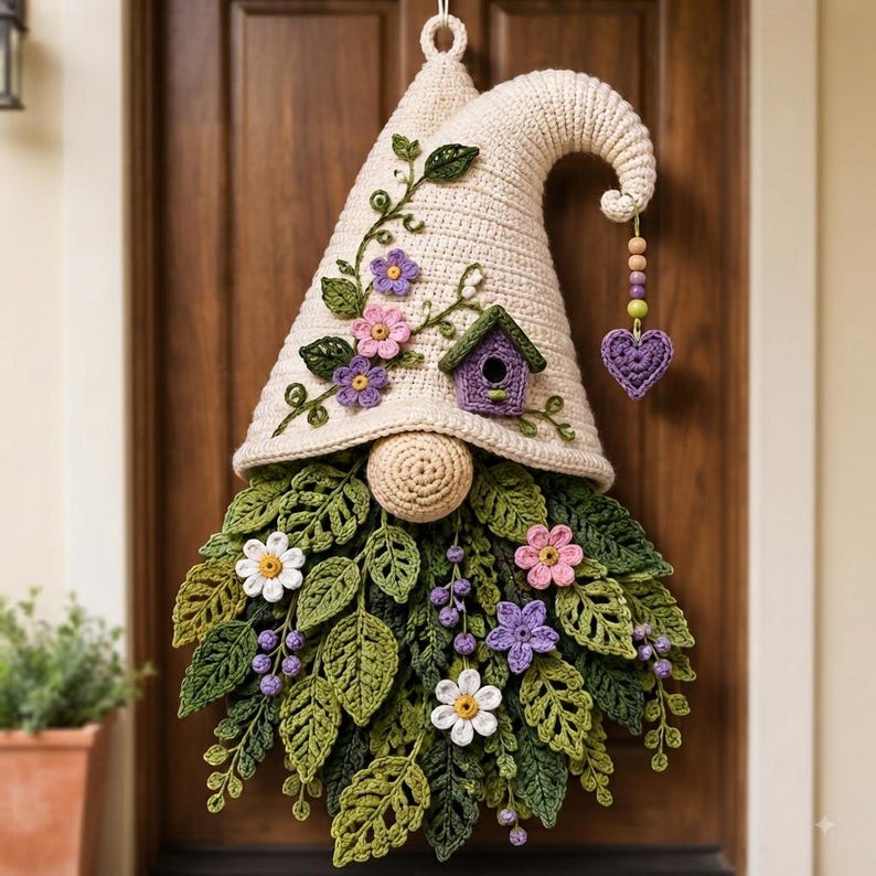 Op de afbeelding: Een gehaakte wandhanger in de vorm van een kabouter met een cr&egrave;mekleurige puntmuts, een ronde beige neus en een baard van groene gehaakte bladeren. De muts is versierd met paarse en roze bloemen, een klein paars vogelhuisje en een bungelend hartje.