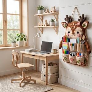 May include: A wall-mounted crochet organizer shaped like a deer with dark brown antlers, a tan face, and six pockets filled with various stationery items including colored pencils, pens, scissors, a ruler, and small notebooks.