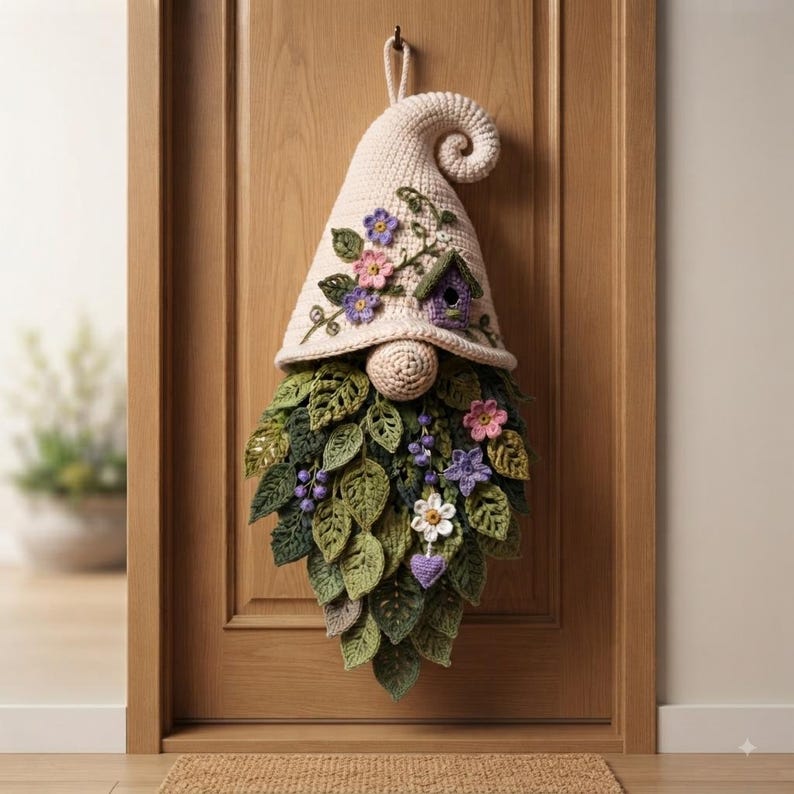 Op de afbeelding: Een gehaakte kabouter als wandhanger met een cr&egrave;mekleurige puntmuts met een gekrulde punt, versierd met kleine paarse en roze bloemen en een vogelhuisje. De baard bestaat uit gelaagde groene bladeren met paarse bessen en bloemen.