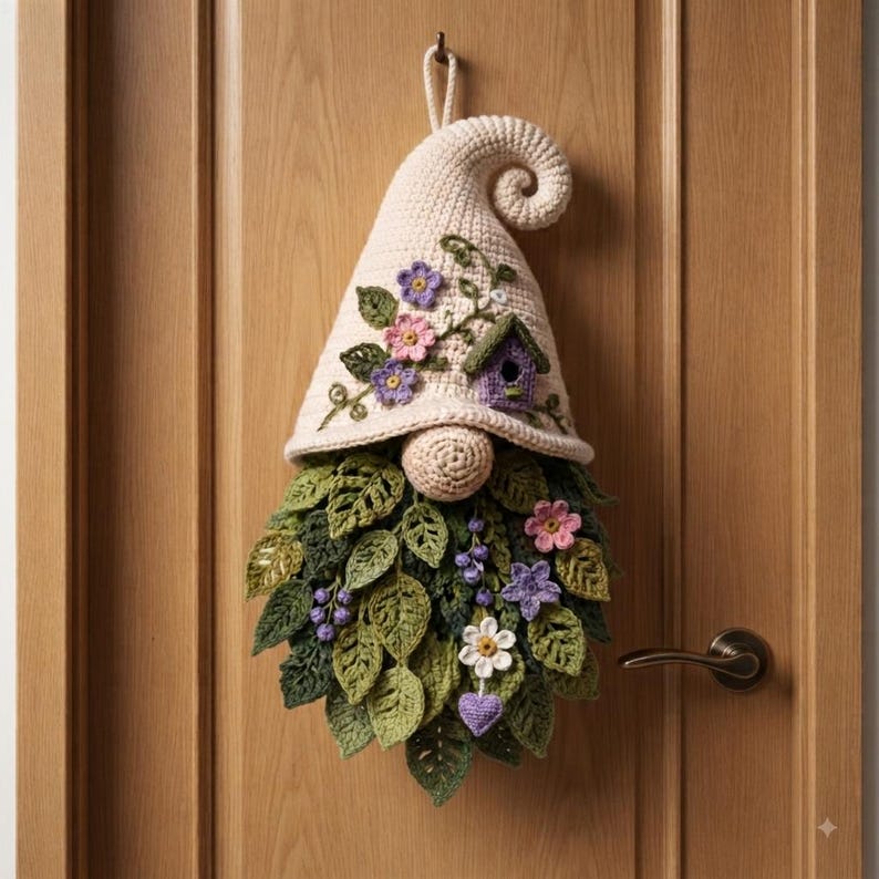 Spring Garden Gnome Crochet Pattern, Hanging Door Decor, Boho Wreath Tutorial (PDF)
