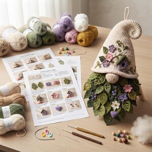 Op de afbeelding: Een haakset met een kabouter met een beige muts versierd met paarse en roze bloemen en een klein vogelhuisje, een baard van groene gehaakte blaadjes, garenbollen in diverse kleuren, twee haaknaalden en geprinte instructiepagina's.