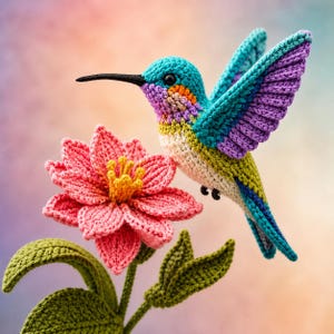 May include: A handcrafted crochet hummingbird with vibrant turquoise, purple, and lime green yarn, featuring a long black beak. It is positioned next to a crocheted pink flower with a yellow center and green leaves, all made with detailed stitching.