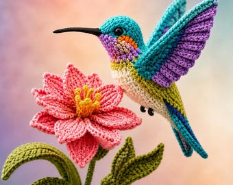 Op de afbeelding: Een handgemaakte gehaakte kolibrie met levendig turquoise, paars en limoengroen garen, voorzien van een lange zwarte snavel. Het bevindt zich naast een gehaakte roze bloem met een geel hart en groene bladeren, allemaal gemaakt met gedetailleerd stikwerk.