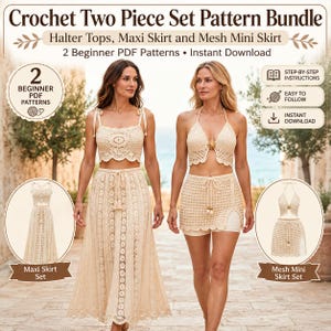 Crochet Two Piece Set Pattern Bundle, Halter Tops, Maxi Skirt and Mesh Mini Skirt, 2 Beginner PDF Patterns, Instant Download