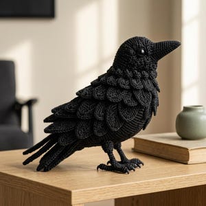 Könnte beinhalten: Eine schwarze Häkelfigur in Form einer Krähe mit geschichteten, blütenblattartigen Maschen zur Nachahmung von Federn, einem spitzen Schnabel und einem sichtbaren dunklen Auge. Der Vogel ist aus Garn gefertigt und weist eine strukturierte Oberfläche auf.