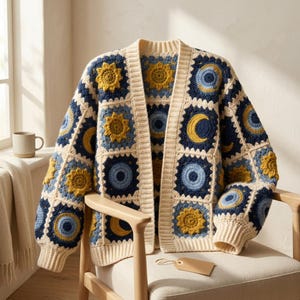 May include: A long-sleeved crochet cardigan constructed from square motifs featuring sun and moon patterns in shades of navy blue, light blue, and mustard yellow, finished with a cream-colored ribbed collar, cuffs, and hemline.