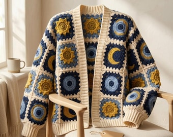 Op de afbeelding: Een gehaakt vest met lange mouwen, opgebouwd uit vierkante motieven met zon- en maanpatronen in marineblauw, lichtblauw en mosterdgeel, afgewerkt met een crèmekleurige geribbelde kraag, boorden en een geribbelde zoom.