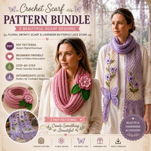Peut inclure: Un ensemble de modèles de crochet numériques comprenant deux écharpes : une écharpe infinie rose avec une grande fleur et une écharpe en dentelle lavande avec des motifs floraux et papillons. Le texte indique Crochet Scarf Pattern Bundle.