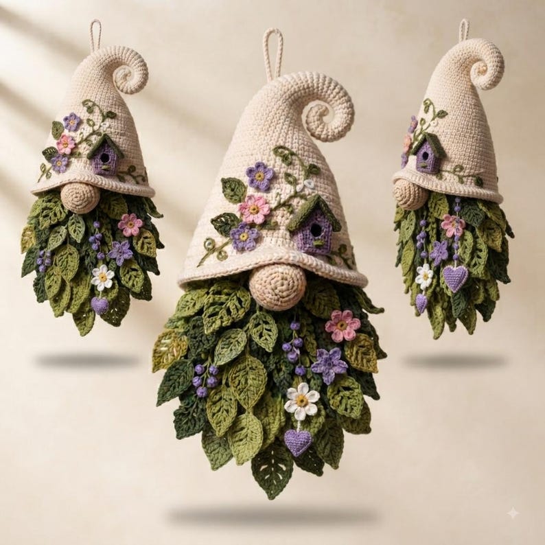 Op de afbeelding: Drie hangende gehaakte kabouterornamenten met cr&egrave;mekleurige puntmutsen met gekrulde uiteinden. Elke muts is versierd met kleine paarse vogelhuisjes, roze en paarse bloemen en groene ranken. De baarden zijn gemaakt van gelaagde groene gehaakte bladeren.