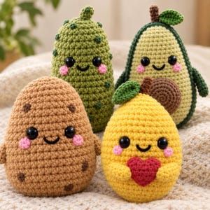May include: Four crocheted plush toys featuring a brown potato with dark spots, a green textured pickle, a green avocado with a brown pit, and a yellow pear holding a red heart. Each toy has black plastic eyes and pink stitched cheeks.