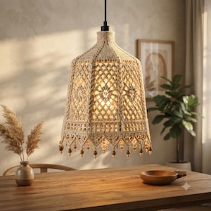 Pode incluir: Uma luminária pendente de crochê bege com formato hexagonal, apresentando um padrão de treliça intrincado, uma seção superior sólida e uma borda inferior adornada com pequenas contas de madeira penduradas em cada ponta, suspensa por um fio preto.