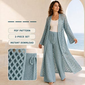 May include: A light blue two-piece set featuring a long, open-front duster cardigan with a diamond crochet pattern and matching wide-leg trousers with a drawstring waist. The image includes text reading PDF PATTERN, 2-PIECE SET, INSTANT DOWNLOAD.