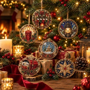 Puede incluir: Un conjunto de seis adornos navideños redondos con ilustraciones detalladas de una chimenea, un farol, una vela, una iglesia, un buzón y una estrella. Cada adorno está decorado con pequeñas cuentas y cuelga de un cordel.