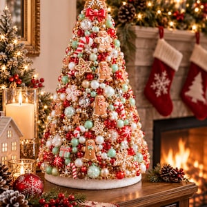 May include: A conical Christmas tree decoration covered in red, green, and white beads, miniature gingerbread man figures, candy canes, and small gift boxes. The tree is topped with a large gingerbread star and sits on a white base.