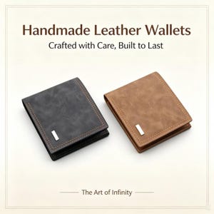 May include: Two bi-fold wallets, one charcoal gray and one tan, featuring visible stitching along the edges and a small rectangular silver-tone metal accent on the front. The text reads: Handmade Leather Wallets, Crafted with Care, Built to Last, The Art of Infinity.