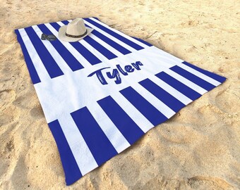 Striped Beach Towel Personalized 30 x 60 Towels, Outdoor Pool Towels, Personalizes Towels, Custom Striped Towels, Blue Striped Beach Towels