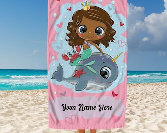 Custom Beach Towel for Kids - Mermaid Kids Beach Towels Girls Her or Him Custom Personalized Beach Towels for Kid