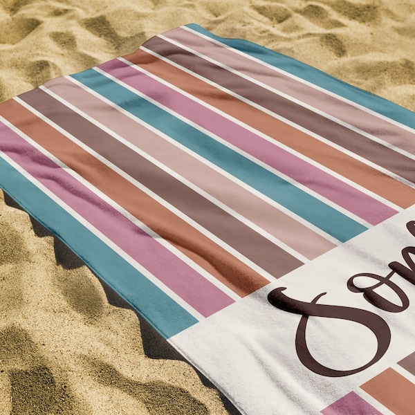 Personalisiertes Strandtuch - Benutzerdefiniertes Namenstuch für Pool, Strand oder Urlaub - Lebendige aber neutrale Farben, Muttertag Geburtstag der besten Freundin.