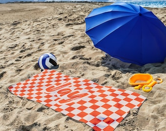 Retro Checkered Personalized Beach Towel | Plush Custom Name Towel for Beach and Pool | Summer Fun Vacation Gift Girls Boys Trip Spring