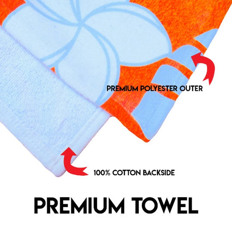 May include: Close-up of a blue and orange beach towel with a floral pattern. The towel has a 100% cotton backside and a premium polyester outer. The text "PREMIUM TOWEL" is printed on the bottom of the image.