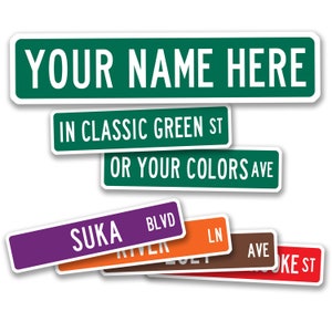 Customize your own metal street sign with our personalized road signs. Customized with your text, name, couples name. Made from USA