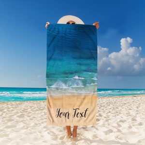 Personalized Signature Style Beach Towel Plush Customized Towel for Beach, Pool Summer Fun Blue Personalize Name Ocean Waves Sand image 2