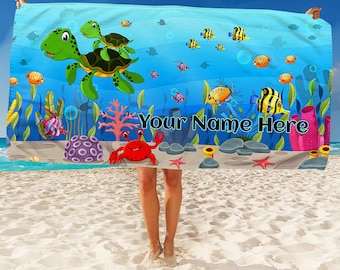 Personalized Custom Beach Towels for Kids - Sea life Turtle Jellyfish Fish Corals Crab Tang Girls Her or Him sealife ocean