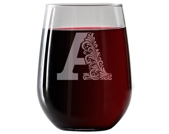 A-Z Lovely Initial 17oz Large Stemless Wine Glass. Laser Engraved to last a lifetime. Dishwasher Safe, Funny Gift for Women, Mother, Sister