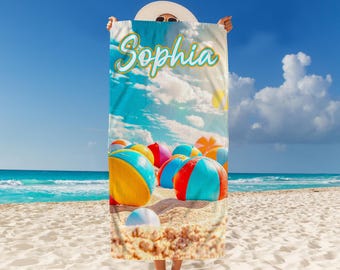 Personalized beach towel with name – custom summer towel – vibrant beach ball design – soft & absorbent – vacation gift - spring break