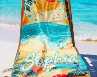 Custom beach towel with name - personalized summer towel - pool side towel tropical vacation design gift great gift idea - summer vibes