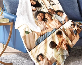 May include: A multi-photo fleece blanket with a collage of images of a family. The images are arranged in a grid pattern and feature a variety of poses and expressions. The blanket is soft and cozy, making it perfect for snuggling up on the couch.