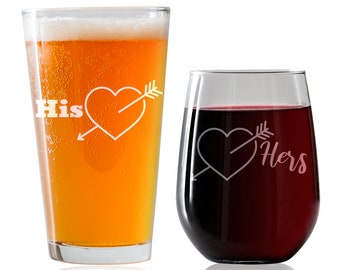 Valentine Gift for Him and Her - 17 oz Funny Stemless Wine Glass 16oz Pint beer glass. Best Gift for couples