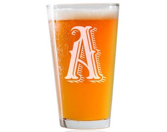 A-Z Initial 16oz PUB Style PINT Beer Glass - Perfect Gift for Men, brother, dad Birthday, mother, sister, women Anniversary- mancave
