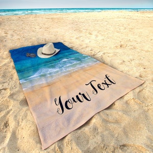 Personalized Signature Style Beach Towel Plush Customized Towel for Beach, Pool Summer Fun Blue Personalize Name Ocean Waves Sand image 1