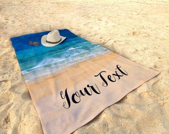 Personalized Signature Style Beach Towel - Plush Customized Towel - for Beach, Pool Summer Fun - Blue - Personalize Name Ocean Waves Sand