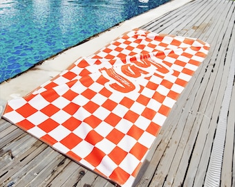 Retro Classic Checker Name Beach Towel -Soft Personalized Custom Customized for Beach Pool - Summer Vacation Girls Boys Trip Spring Break